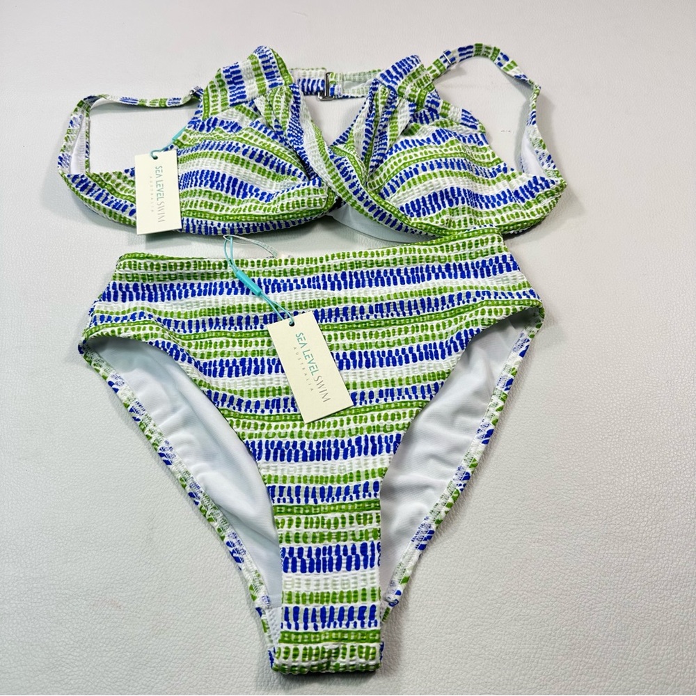 Seafolly Green & Blue Stripe High-Waist Bikini